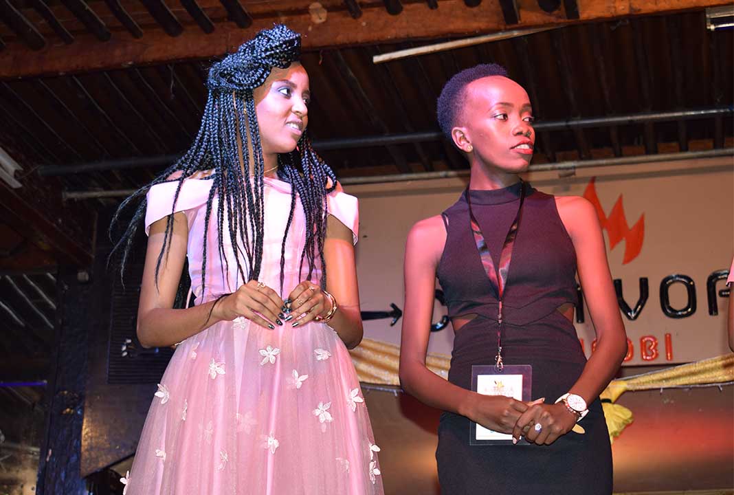 Mashujaa Awards 2017: Miss Mashujaa Popularity 2016 Nina Wangari (left) with Kelly, an official of Amo La Moda Kenya