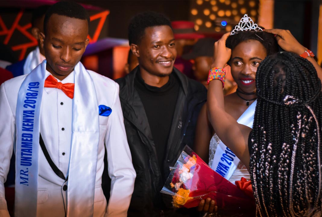 Mr and Miss Untamed Kenya 2018: The crowning of winners. Far Left: Oscar Muiruri - Mr Untamed, Center: Event organizer Edwin Nyamweya and Ruth Kathina while she was being crowned