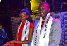 Commercial model Richard Oloo with the runway queen Mercygrace Kavata all smiles soon after being crowned the new Mr and Miss Multimedia University