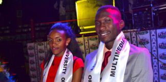 Commercial model Richard Oloo with the runway queen Mercygrace Kavata all smiles soon after being crowned the new Mr and Miss Multimedia University