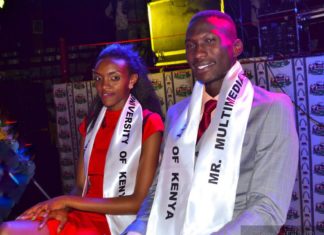 Commercial model Richard Oloo with the runway queen Mercygrace Kavata all smiles soon after being crowned the new Mr and Miss Multimedia University