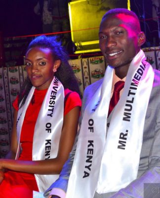 Commercial model Richard Oloo with the runway queen Mercygrace Kavata all smiles soon after being crowned the new Mr and Miss Multimedia University