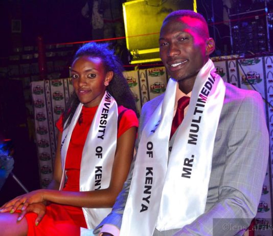 Commercial model Richard Oloo with the runway queen Mercygrace Kavata all smiles soon after being crowned the new Mr and Miss Multimedia University