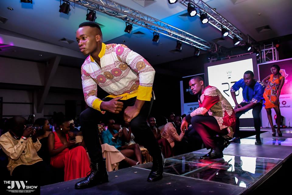 Runway king Cliff Mageto (front) and co. showcasing Claddica Fashion House designs at the JW Show 2018