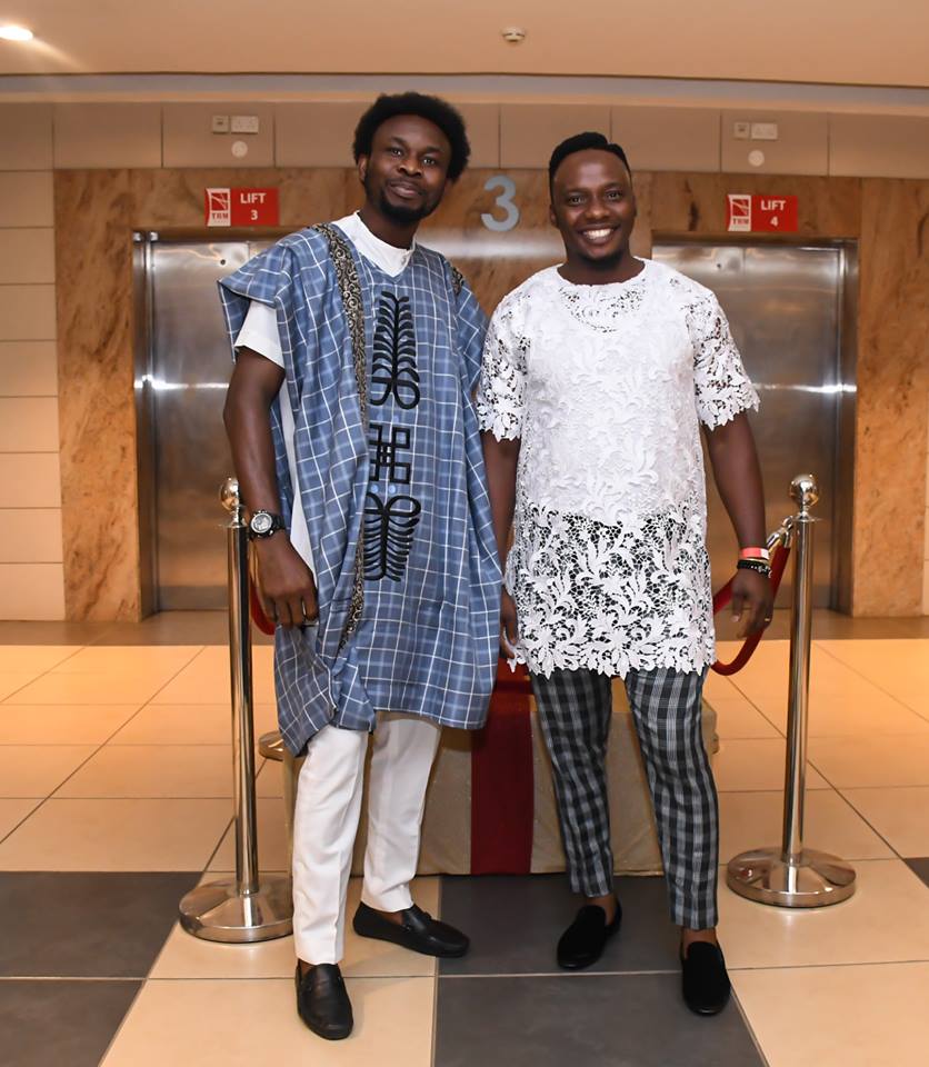 House of Gbemi designer (right) with one of his models rocking his brand at the JW Show 2018. Photo: Mesmeric Kenya