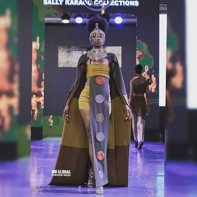 A fashion model displaying designs by Sally Karago at a past event